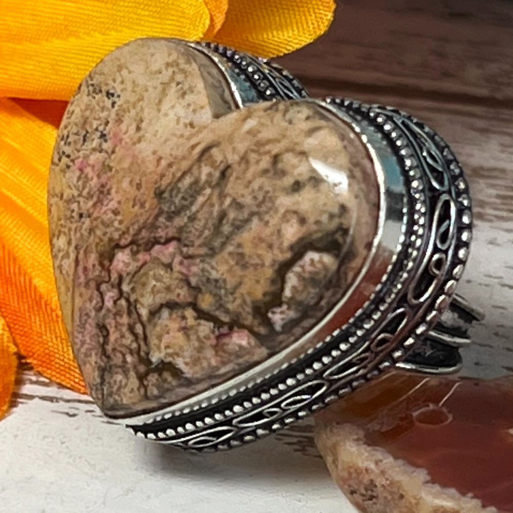 Picture Jasper Ring Heart Handmade Gemstone Crystal Antique Design 925 Silver - Picture 2 of 11